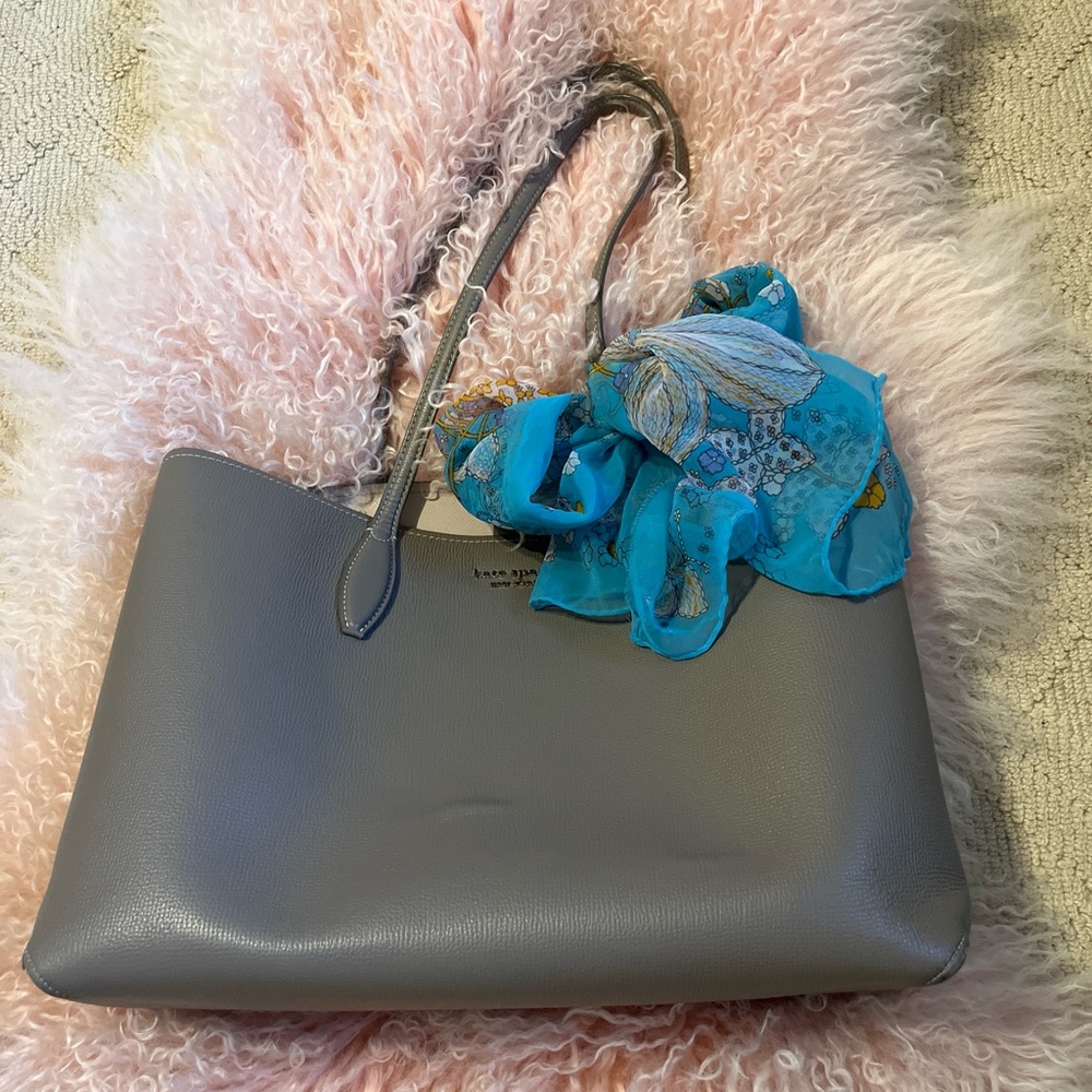 Kate Spade Gray Tote Blue Scarf Large Purse 
Grey Slate Neutral Classic classy